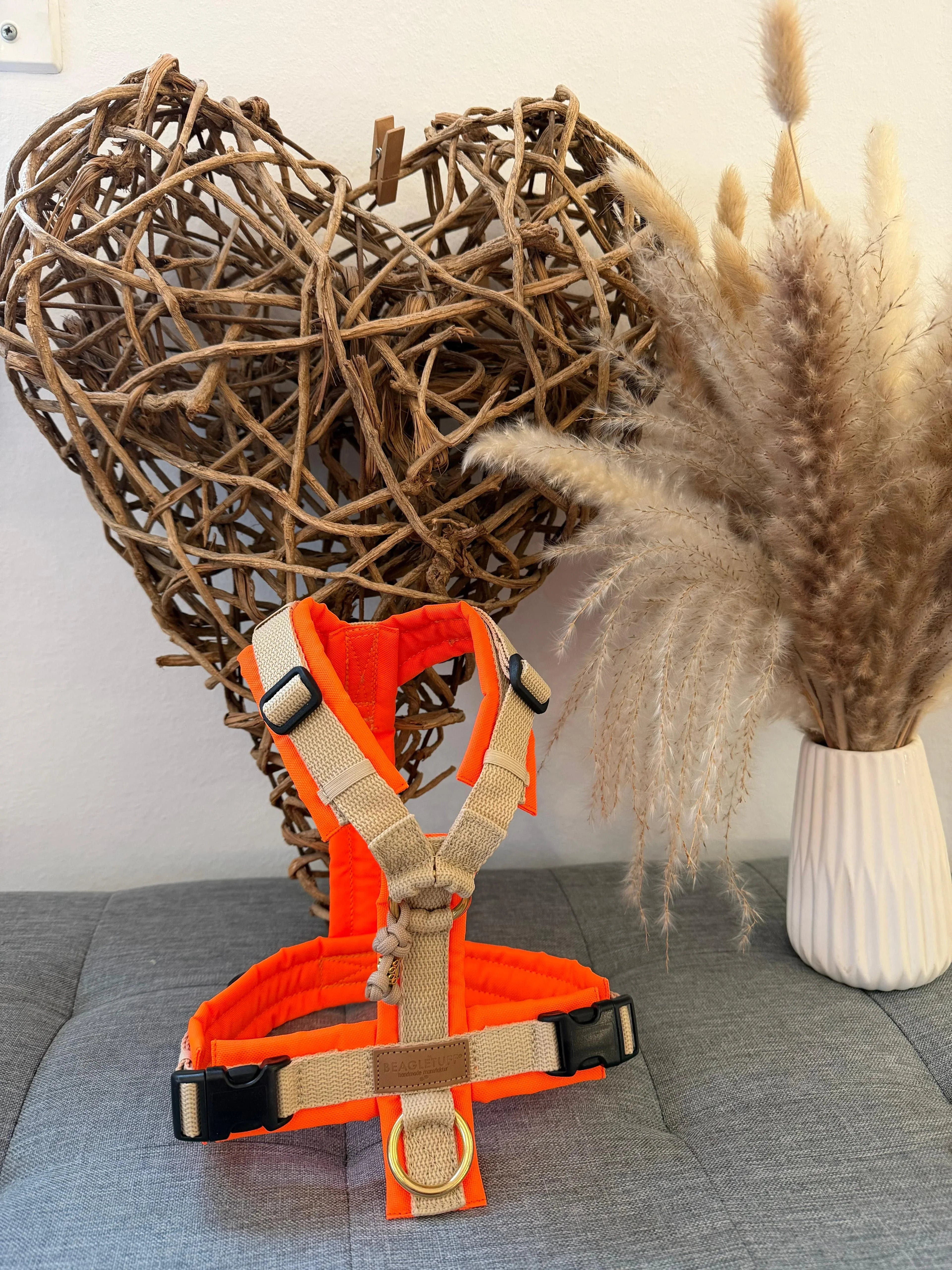 Neonoranges und beigefarbenes Y-förmiges BT EasyWalk® Hundegeschirr aus gepolstertem Material mit schwarzen Schnallen und goldfarbenem Edels