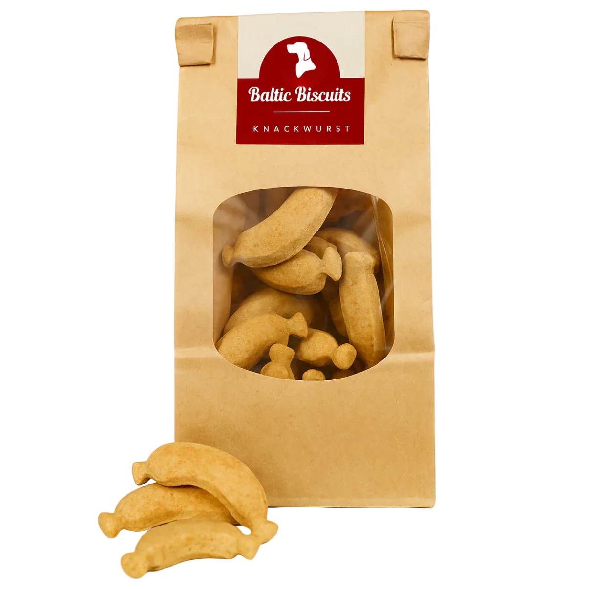 Baltic Biscuits Knackwurst Hundekekse in Wurstform in nachhaltiger Papiertüte mit Sichtfenster