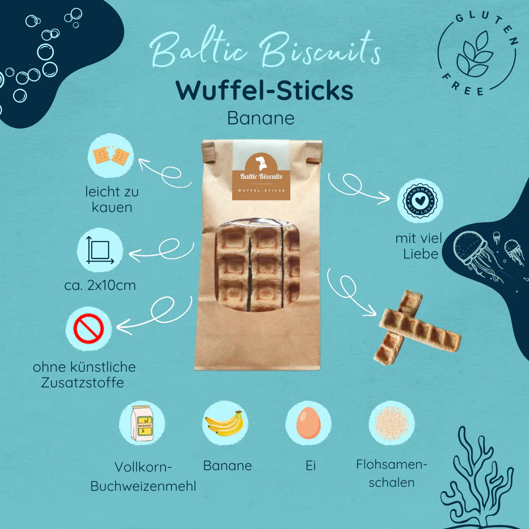 Produktanzeige Baltic Biscuits Wuffel-Sticks Banane – glutenfreie Hundesnacks aus Vollkorn-Buchweizenmehl, Banane, Ei und Flohsamenschalen, leicht zu kauen und ohne künstliche Zusatzstoffe.