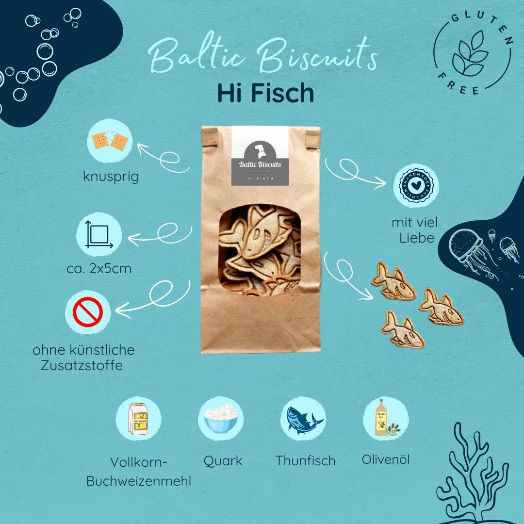 🐟 Hi Fisch – Fisch-Hundekekse mit Thunfisch, Quark & Olivenöl von Baltic Biscuits - Beagletuff