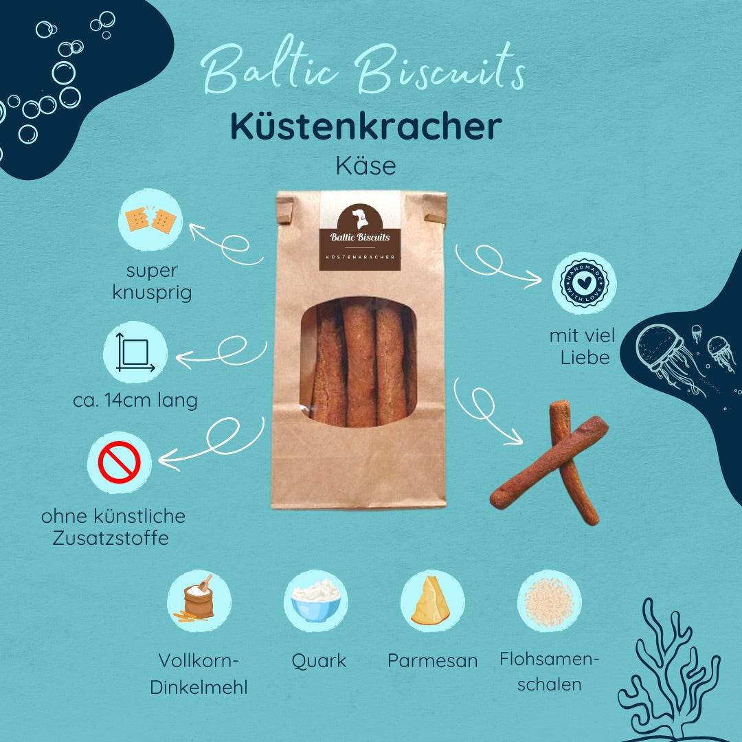 🧀 Küstenkracher Käse – Zahnpflege-Knabberstangen mit Quark & Parmesan von Baltic Biscuits - Beagletuff