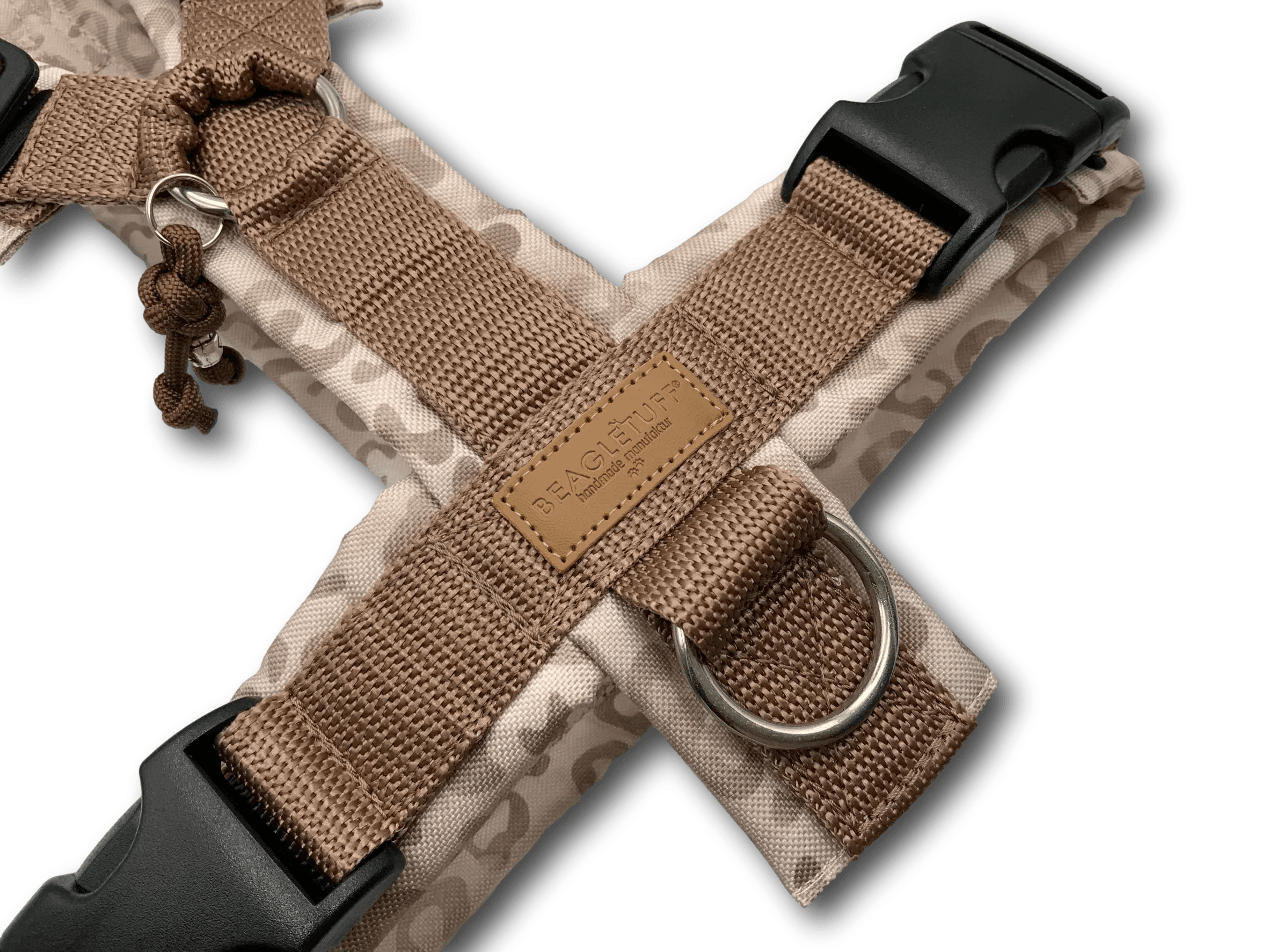 braun-beige gepolstertes Hundegeschirr mit braunen Gurtbändern und schwarzer Schnalle, gefertigt aus robustem Material mit Edelstahlring, fl