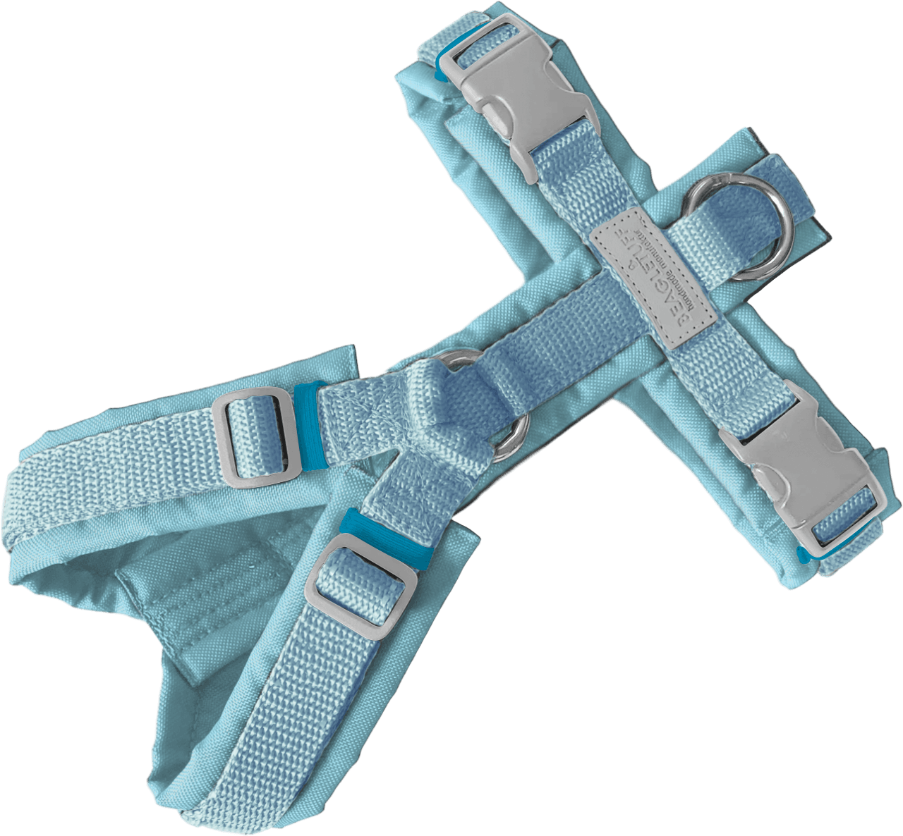 BT EasyWalk® Ice Sky Hundegeschirr in Hellblau und Pastellblau mit silberfarbenen Beschlägen, reflektierendem Label und Edelstahlringen