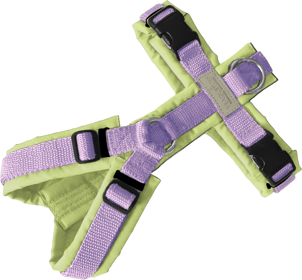 BT EasyWalk® Lavender Lime Hundegeschirr in Flieder und Lindgrün mit Edelstahlringen, schwarzer Hardware und cremefarbenem Label
