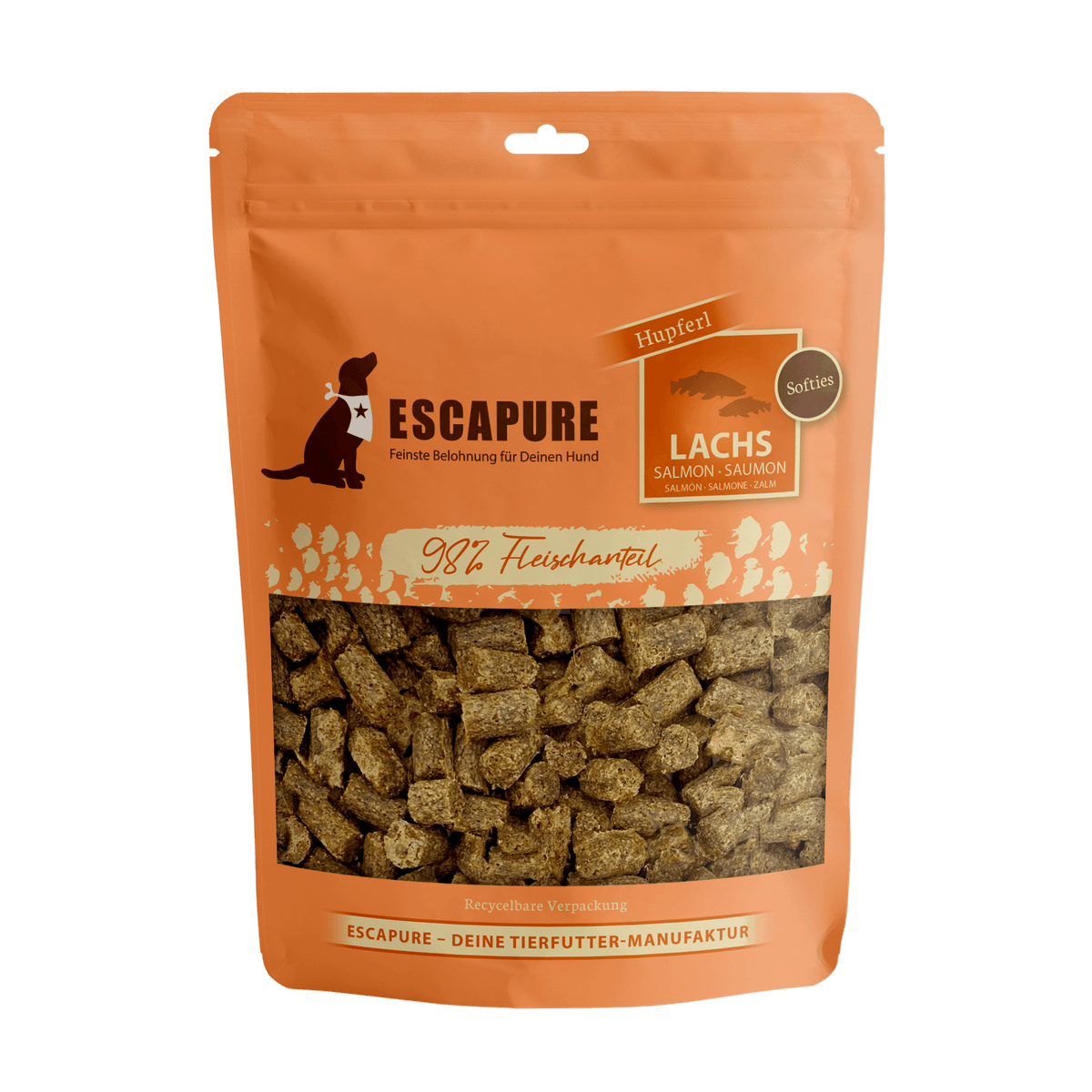 Escapure Lachs Snack Soft 150 g im orangefarbenen Standbeutel mit Sichtfenster auf die weichen Lachs-Leckerli