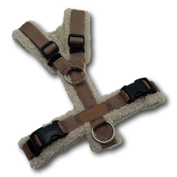 Beagletuff BT EasyWalk® Curly Hundegeschirr in Beige mit gepolstertem, cremefarbenem Teddyfutter und braunen Gurten