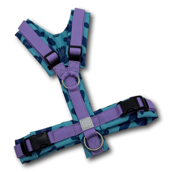 BT EasyWalk® Y-Geschirr für Hunde, gepolstert und ergonomisch, in Lilac Harmony mit violettem Gurtband und türkisem Polster mit blauem Camou
