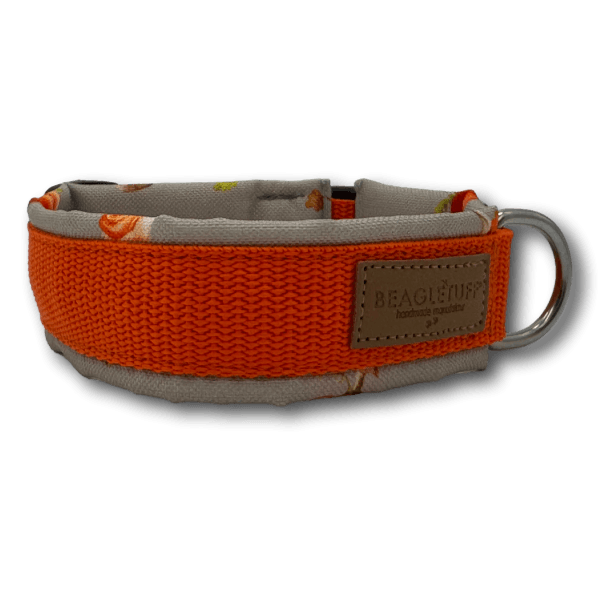 Hundehalsband mit beigem Stoff und orangem Gurtband, seitlich mit einem braunen BEAGLETUFF Markenlabel, Metallring zum Befestigen der Leine