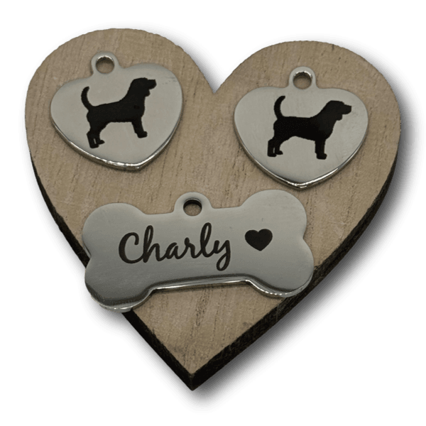 Edelstahl Hundemarke personalisiert Herz oder Knochen - Beagletuff