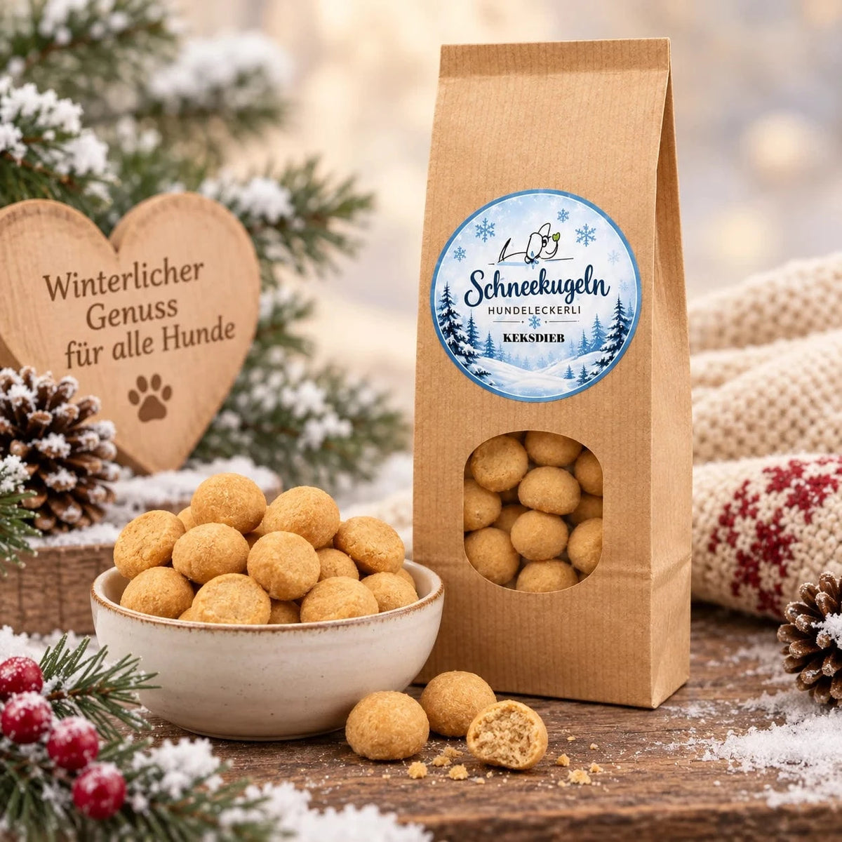 Keksdieb Schneekugeln in der Papiertüte mit Winteretikett, daneben eine Schale mit Schneekugeln zwischen Tannenzweigen