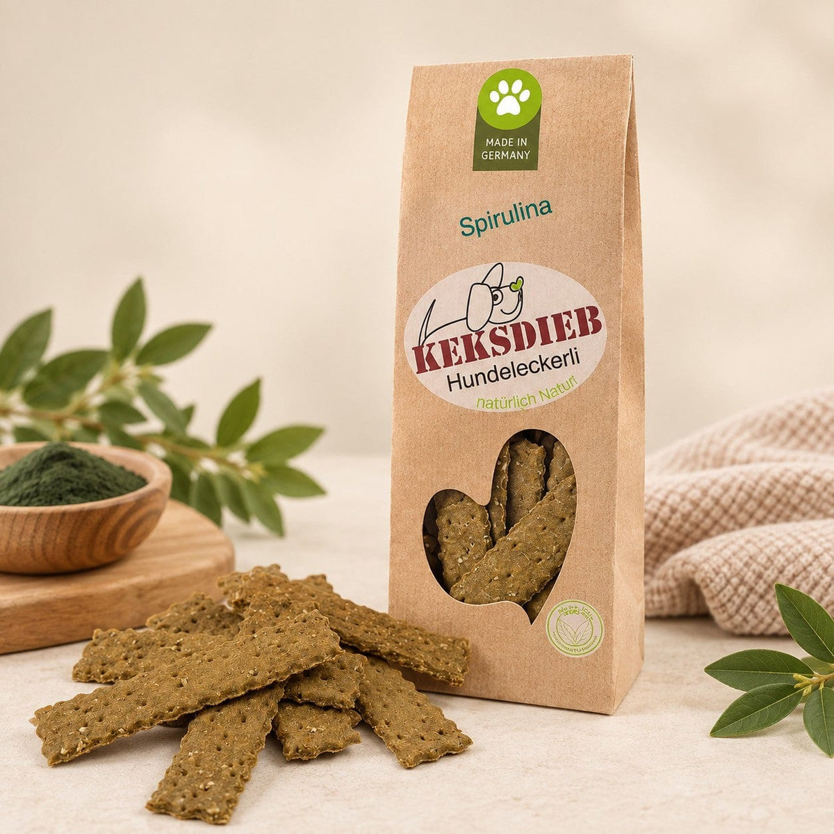 Keksdieb Spirulina-Stangen in der Papiertüte mit Herzfenster, davor grünliche Kekse und eine Schale Spirulina-Pulver