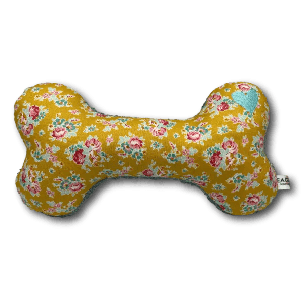 BT Kuschelknochen Blümchen in Senfgelb mit Rosen-Muster – Hundespielzeug in Knochenform aus Baumwolle
