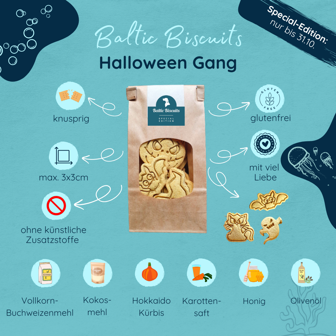 Baltic Biscuits Halloween Gang Hundekekse – Special Edition mit Kürbis, Karottensaft, Honig, Olivenöl und glutenfreiem Buchweizenmehl in Halloween-Formen.