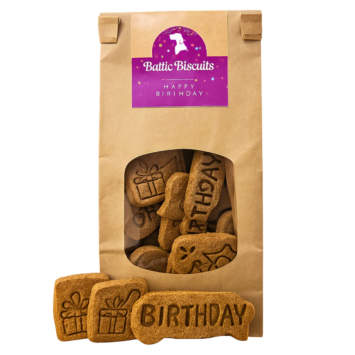 Baltic Biscuits Happy Birthday Hundekekse mit Geburtstagsmotiv in nachhaltiger Papiertüte mit Sichtfenster