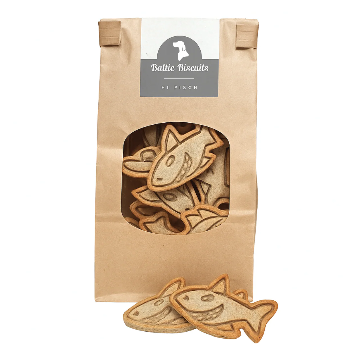 Baltic Biscuits Hi Fisch Hundekekse in Fischform in nachhaltiger Papiertüte mit Sichtfenster