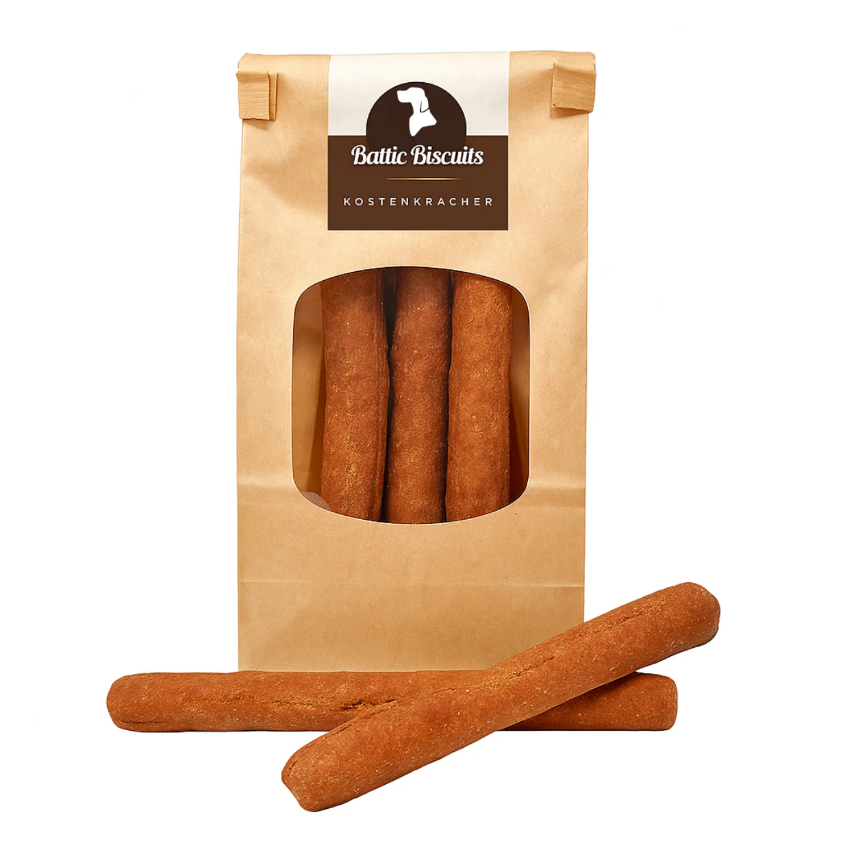 Baltic Biscuits Küstenkracher Käse Hundekauartikel mit Käse in brauner Papiertüte mit Sichtfenster, lange feste Kausnacks für Hunde