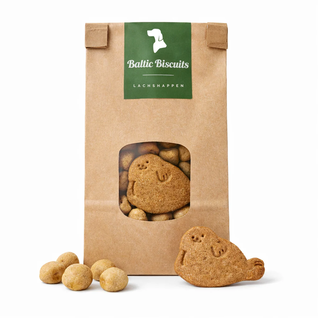 Baltic Biscuits Lachshappen Hundekekse mit Lachs in nachhaltiger Papiertüte mit Sichtfenster