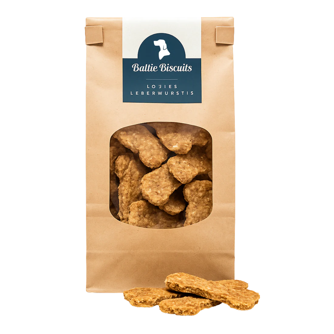 Baltic Biscuits Louies Leberwurstis Hundekekse in nachhaltiger Papiertüte mit Sichtfenster