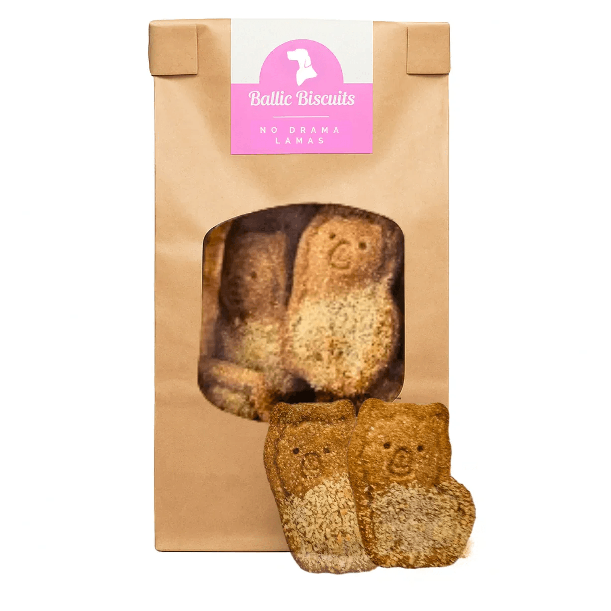 Baltic Biscuits No Drama Lamas Hundekekse in nachhaltiger Papiertüte mit Sichtfenster