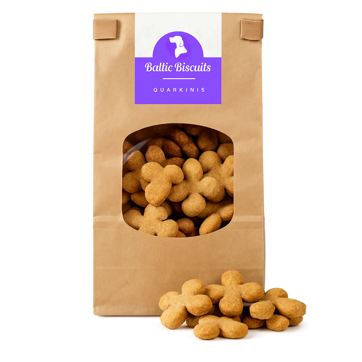 Baltic Biscuits Quarkinis Hundekekse mit Quark in nachhaltiger Papiertüte mit Sichtfenster