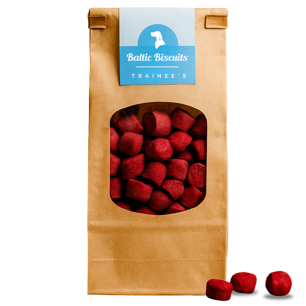 Baltic Biscuits Trainee’s Buchweizen Rote Beete Hundesnacks in brauner Papiertüte mit Sichtfenster, kleine rote Trainingshappen aus Buchweizen und Rote Beete für Hunde