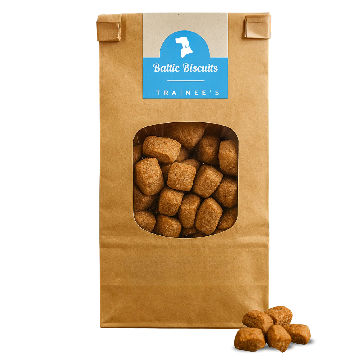 Baltic Biscuits Trainee’s Dinkel Kokos Hundesnacks in brauner Papiertüte mit Sichtfenster, kleine Trainingshappen aus Dinkel und Kokos für Hunde
