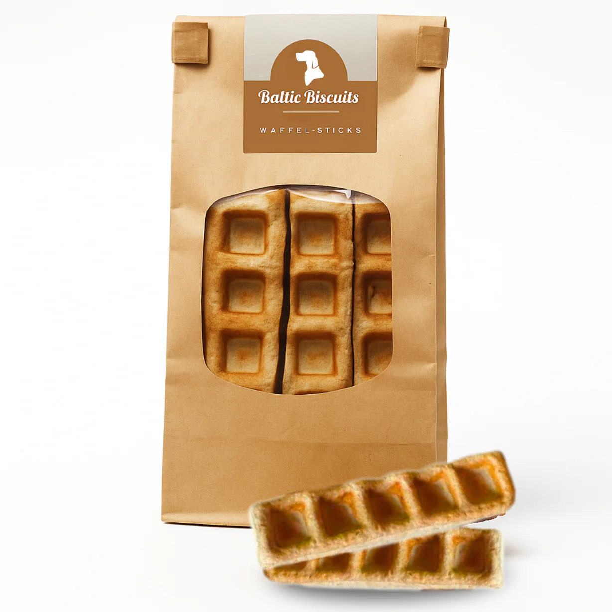 Baltic Biscuits Wuffel-Sticks – knusprige Hundekekse in Waffel-Optik im Kraftpapierbeutel mit Sichtfenster