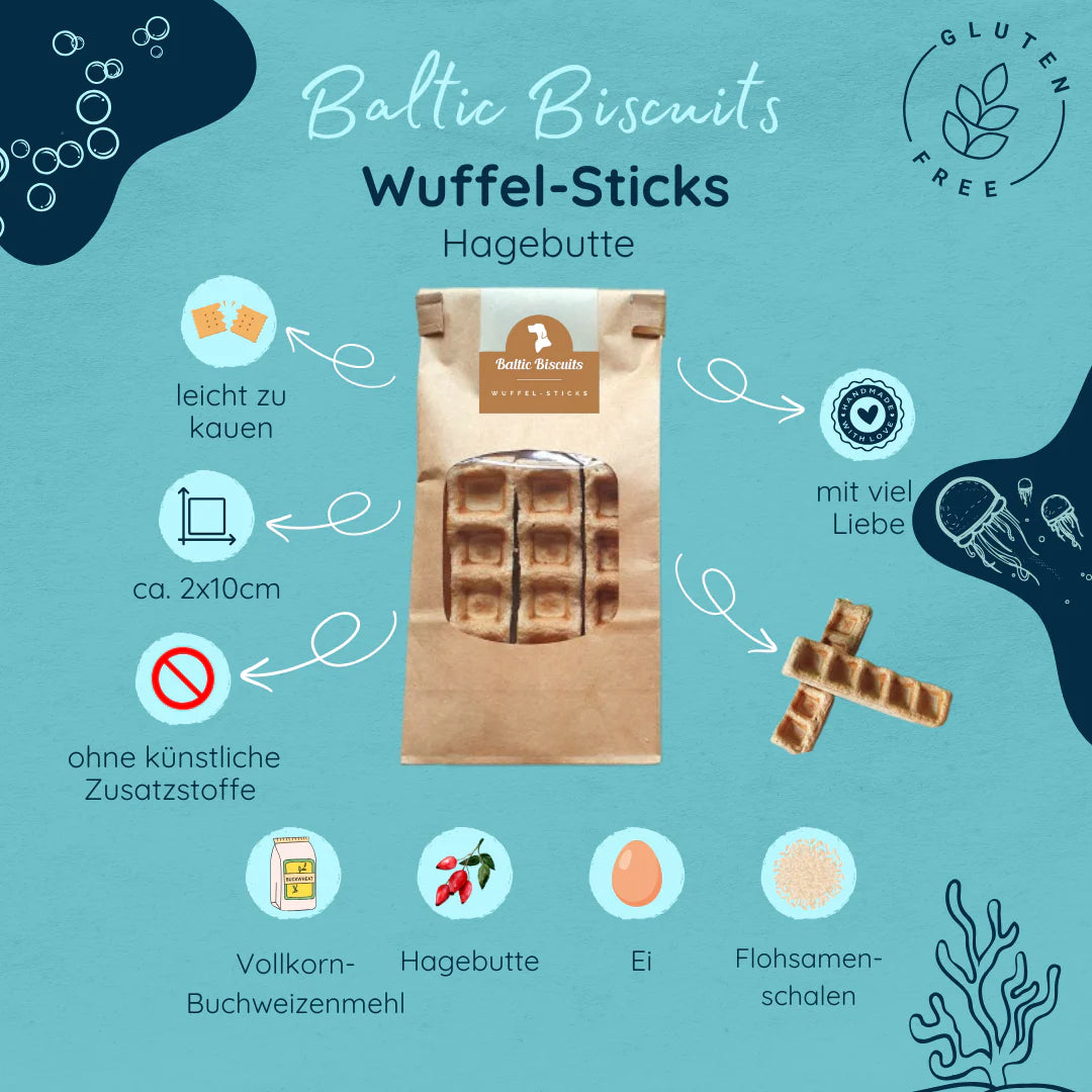 Produktanzeige Baltic Biscuits Wuffel-Sticks Hagebutte – glutenfreie Hundesnacks aus Vollkorn-Buchweizenmehl, Hagebutte, Ei und Flohsamenschalen, leicht zu kauen und ohne künstliche Zusatzstoffe.