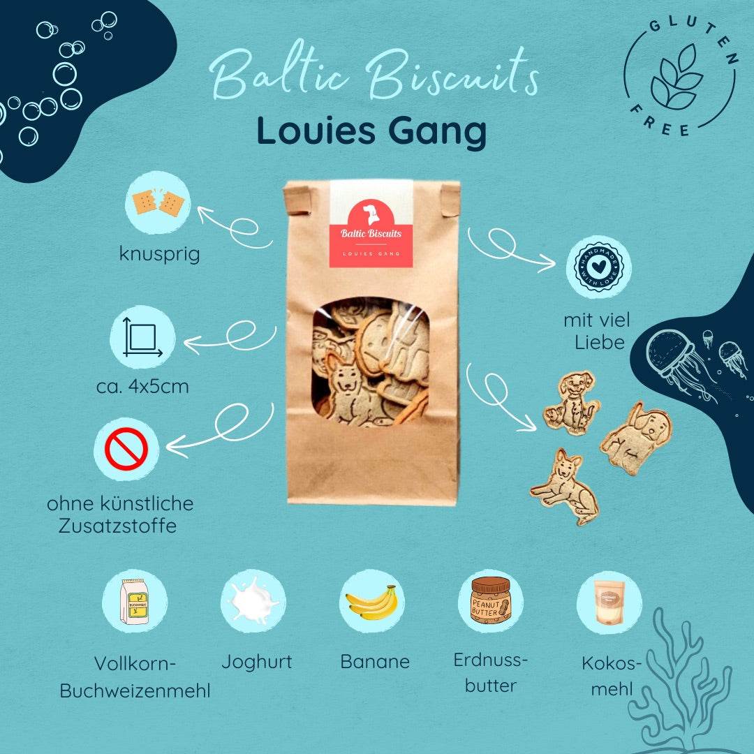 🐶 Louie’s Gang – Erdnussbutter-Bananen Hundekekse in Hundeform von Baltic Biscuits - Beagletuff