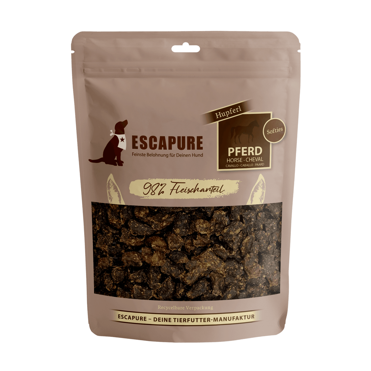 Escapure Pferde Snack Soft 150 g im beigefarbenen Standbeutel mit Sichtfenster auf die weichen Pferde-Leckerli