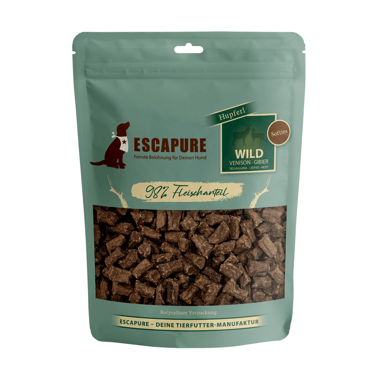 Escapure Wild Snack Soft 150 g im grünen Standbeutel mit Sichtfenster auf die weichen Wild-Leckerli
