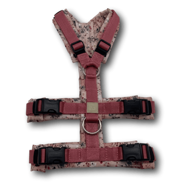 Y-förmiges Hundegeschirr in Rosa mit floralem Muster, gepolstert und verstellbar, mit schwarzen Schnallen und Metallringen aus Edelstahl mit