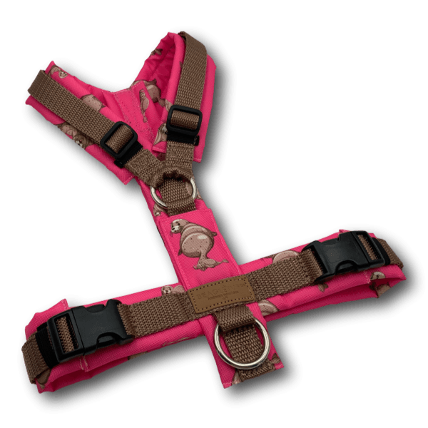 Y-förmiges BT EasyWalk® Hundegeschirr in kräftigem Pink mit braunen verstellbaren Gurtbändern und gedruckten Motiven, voll gepolstert mit sc