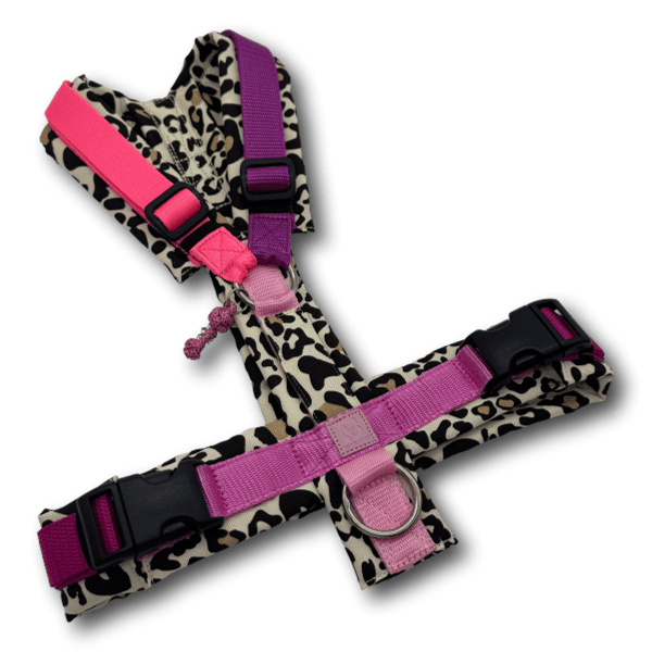 Y-förmiges Hundegeschirr mit gepolstertem Leopardenmuster in Beige und Schwarz, kombiniert mit pinken und violetten verstellbaren Gurten und