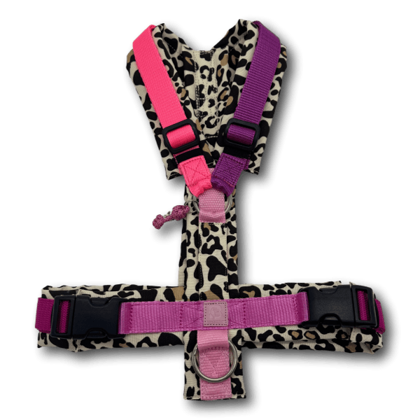Hundegeschirr mit gepolstertem Y-Design in Leopardenmuster, mit pinkem und pflaumenfarbenem robustem Gurtband und schwarzer Schnalle. In der