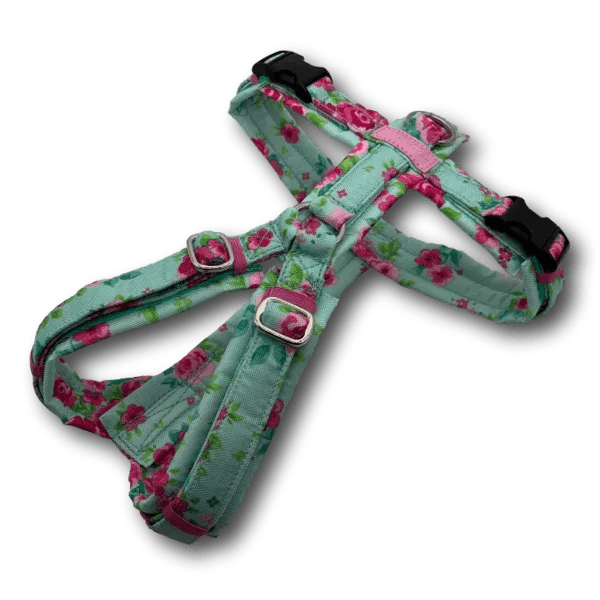 Voll gepolstertes, handgefertigtes Y-Geschirr für Hunde aus mintfarbenem Oxford-Gewebe mit pinkfarbenen Blumenmotiven, verstellbar mit schwa