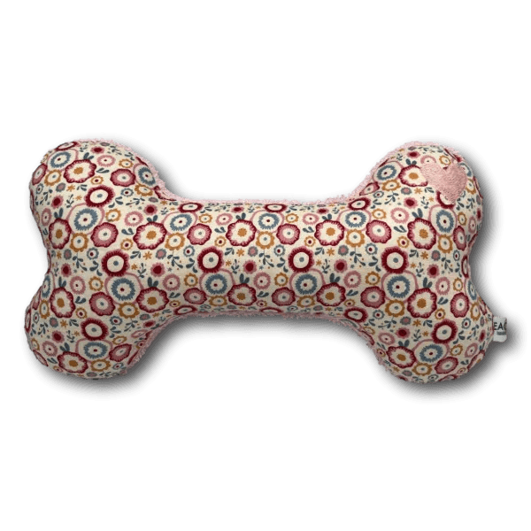 BT Kuschelknochen Blümchen in Beige und Rosa – Hundespielzeug in Knochenform aus Baumwolle