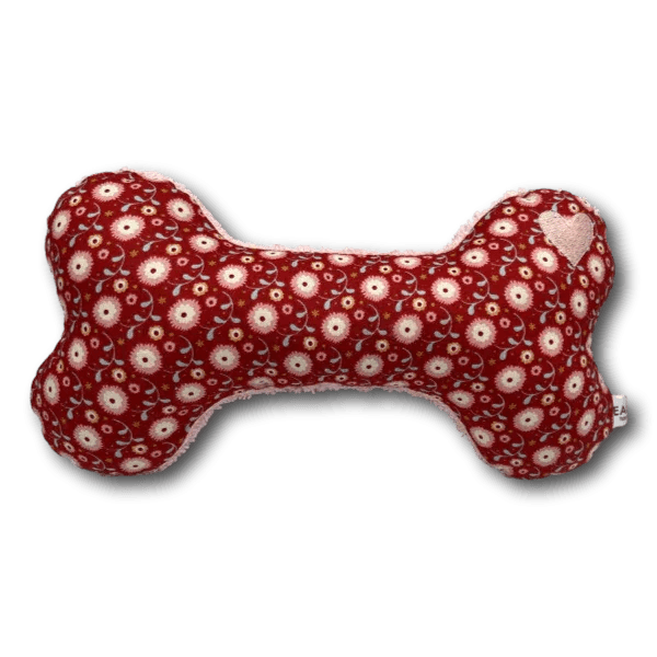 BT Kuschelknochen Blümchen in Rot mit weiß-rosa Blümchen – Hundespielzeug in Knochenform aus Baumwolle