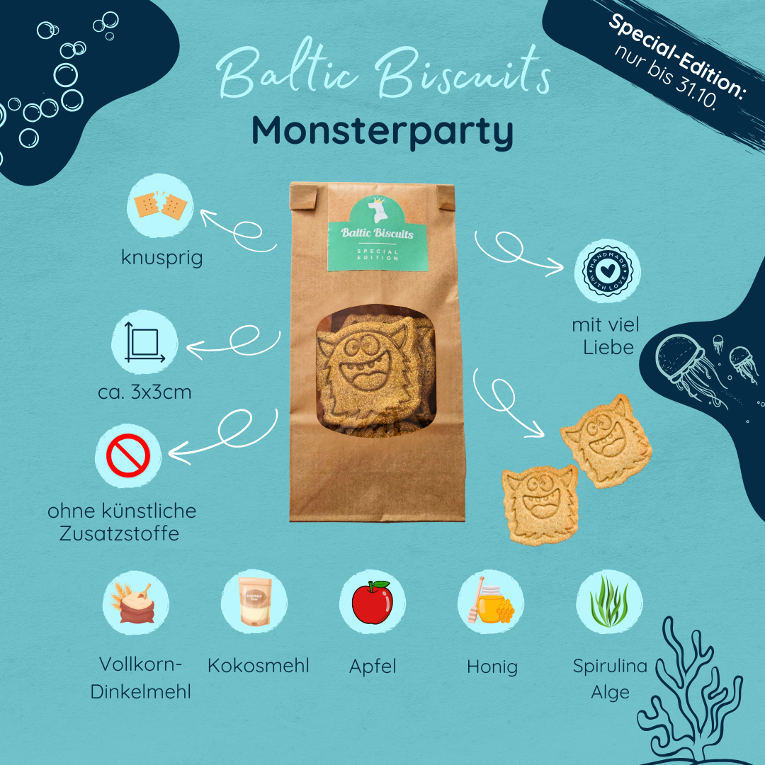 Baltic Biscuits Monsterparty Hundekekse – Halloween Special Edition mit Apfel, Honig, Kokosmehl, Dinkel und Spirulina in bunter Monsterform.