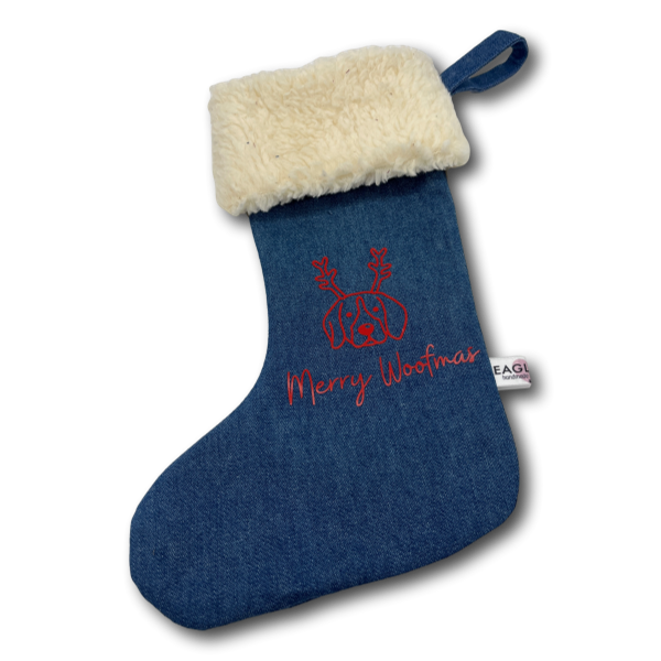 BT Nikolausstiefel Jeans creme Merry Woofmas rot